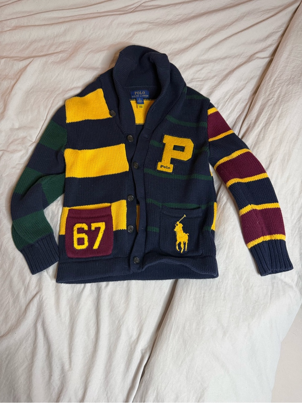 Polo by Ralph Lauren Boys' Navy Striped Shawl Cardigan Jacket - Yellow Accent